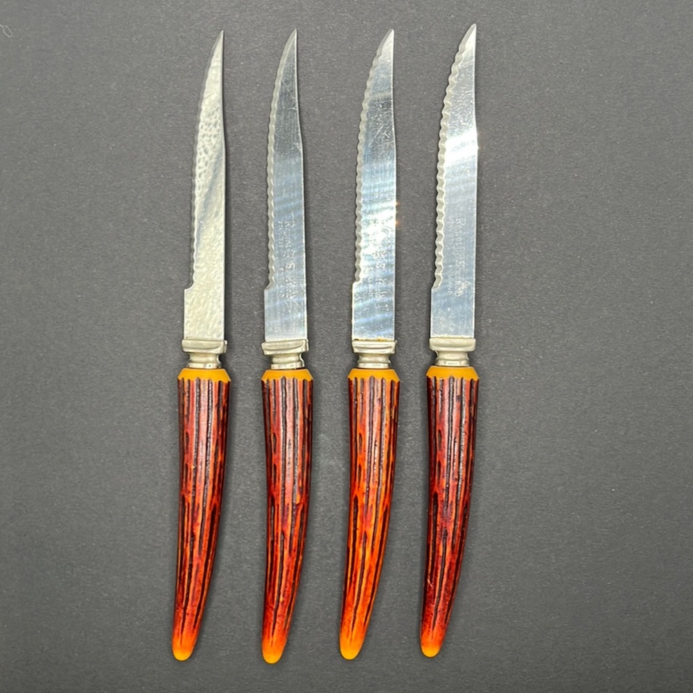 Vtg 4 Steak Knife Reo Crest Regent Sheffield Faux Antler Bone Stainless Serrated